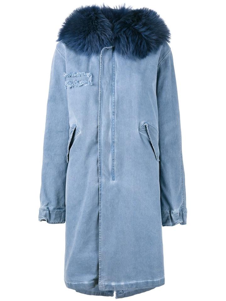 Mr & Mrs Italy Blue Denim Raccoon Fur Hooded Parka