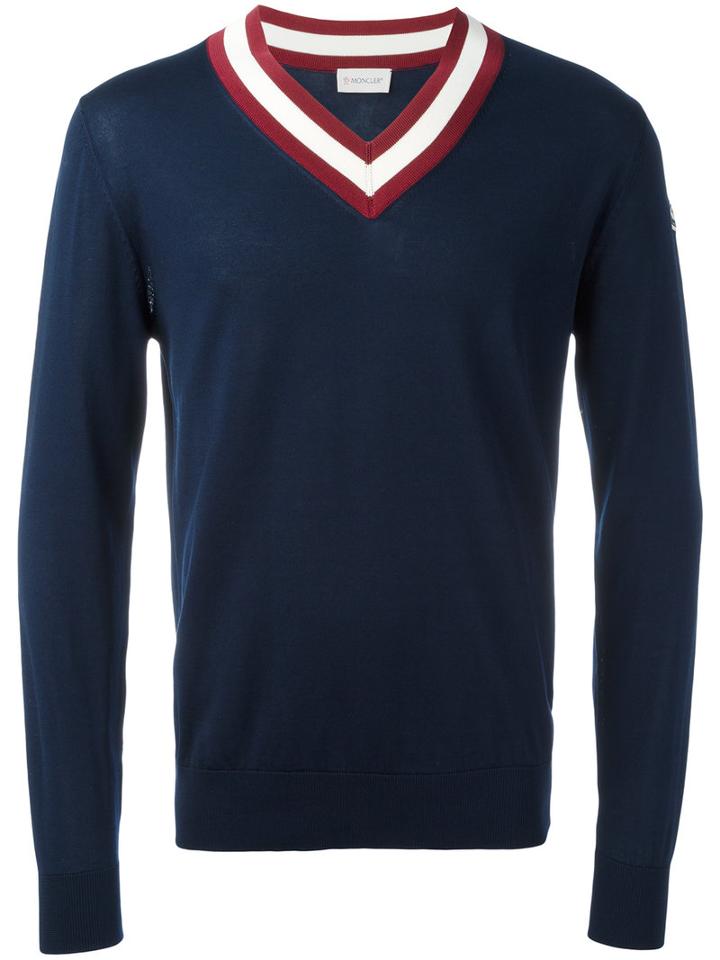 Moncler Striped Trim V-neck Jumper, Men's, Size: Large, Blue, Cotton