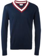 Moncler Striped Trim V-neck Jumper, Men's, Size: Large, Blue, Cotton