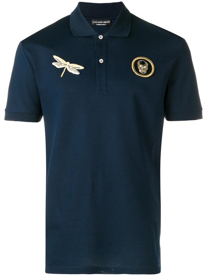 Alexander Mcqueen Dragonfly And Skull Patch Polo Shirt - Blue