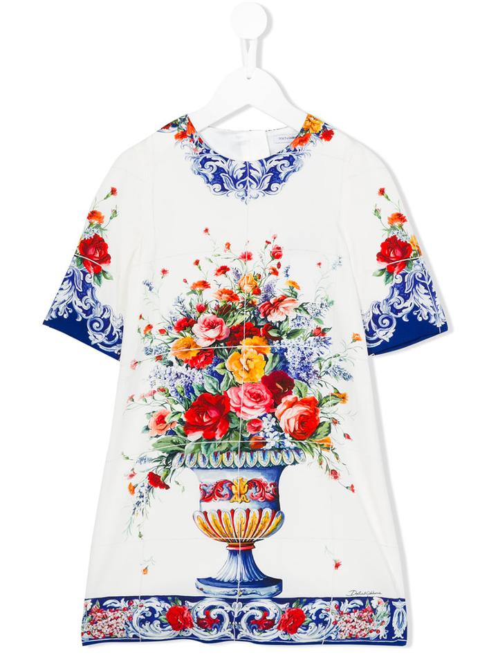 Dolce & Gabbana Kids - Floral Print Dress - Kids - Silk/spandex/elastane/viscose - 8 Yrs, White