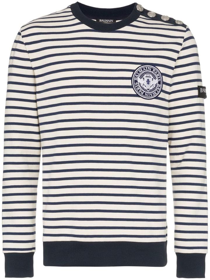 Balmain Cotton Striped Button Embellished Jumper - White