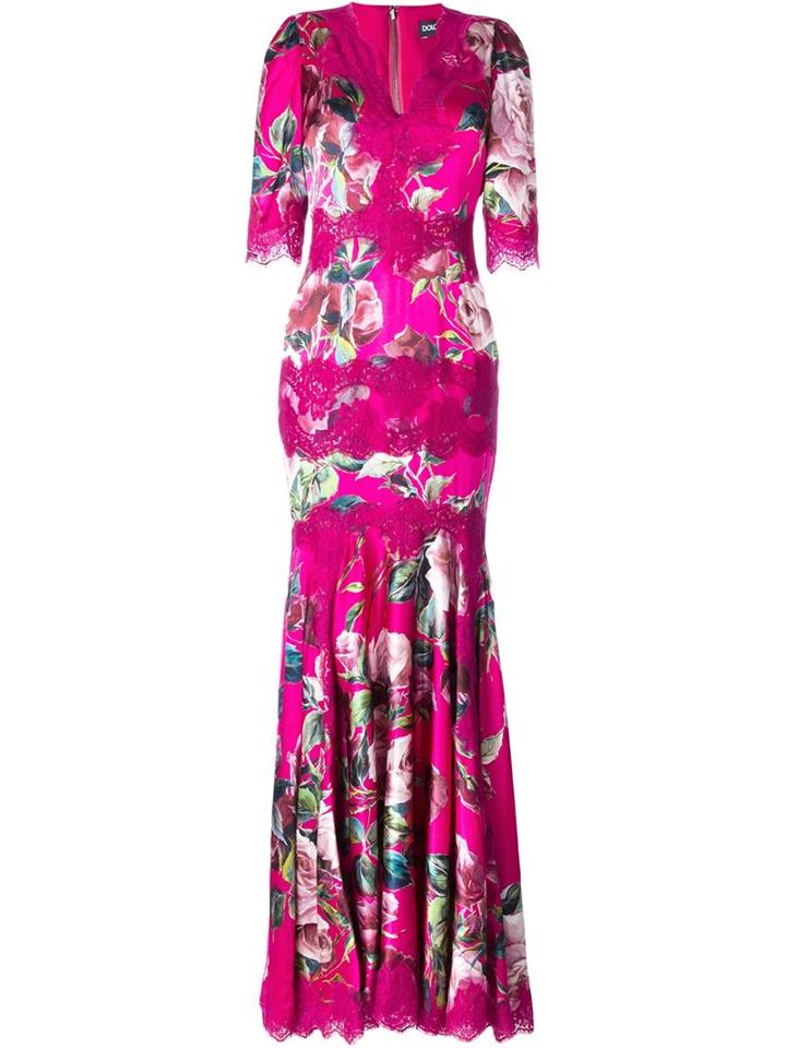 Dolce & Gabbana Rose Print Gown, Women's, Size: 44, Nude/neutrals, Silk/cotton/spandex/elastane/polyamide