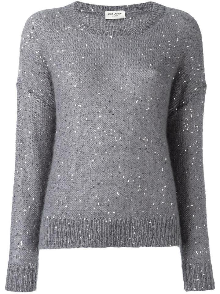 Saint Laurent Sequin Embellished Knit Jumper, Women's, Size: Small, Grey, Mohair/silk/polyester