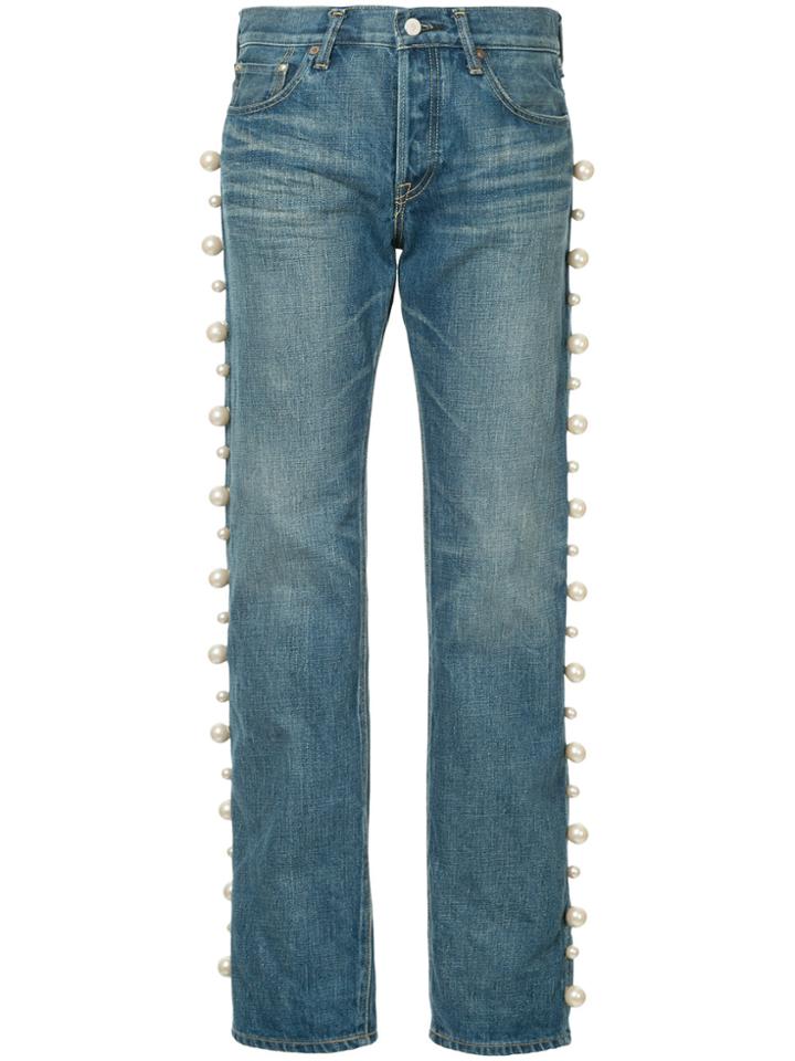 Tu Es Mon Trésor Side Double Pearl Jeans Short Length - Blue