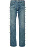 Tu Es Mon Trésor Side Double Pearl Jeans Short Length - Blue