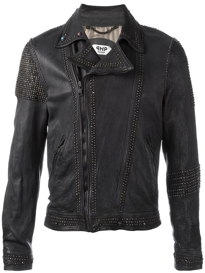 Pihakapi Embellished Biker Jacket, Men's, Size: Small, Grey, Lamb Skin/viscose