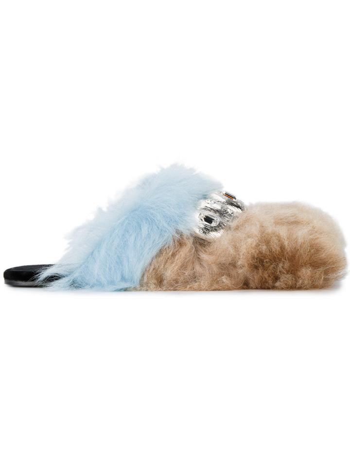 Prada Brown Blue Fur Crystal Slides - Nude & Neutrals