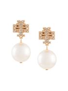 Tory Burch Crystal Logo Pearl Drop Earrings - White