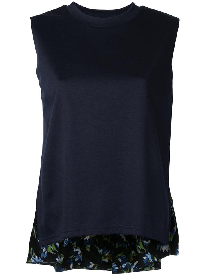 Clane - Sleeveless Floral Hem Top - Women - Cotton/rayon - 1, Blue, Cotton/rayon