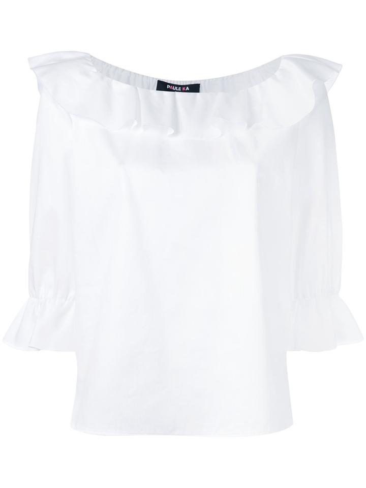 Paule Ka Frilled Boat Neck Blouse, Women's, Size: 36, White, Cotton