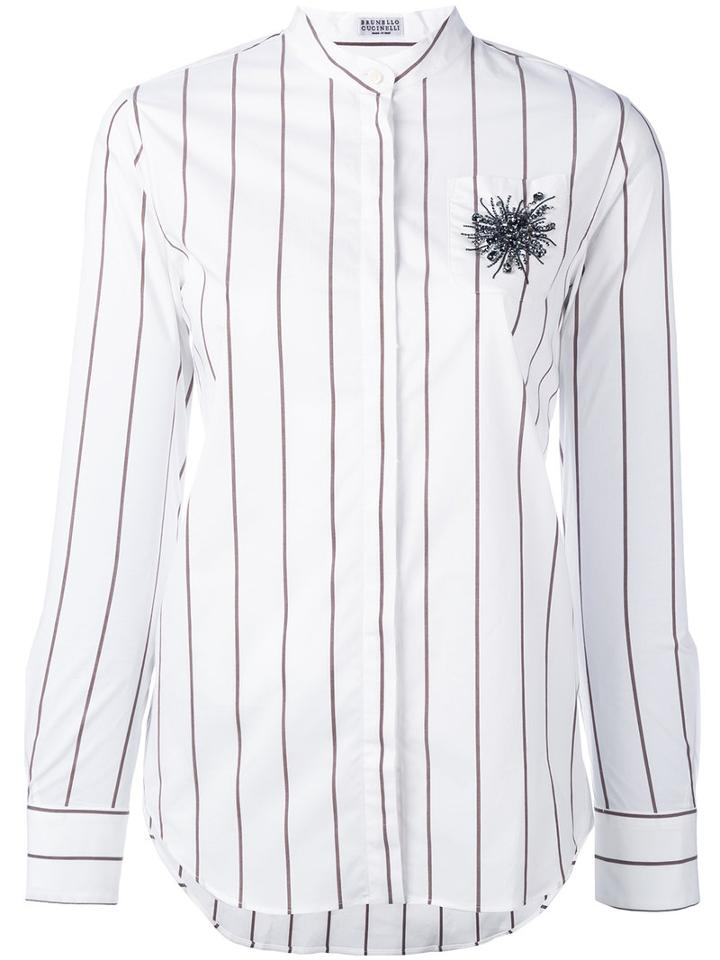 Brunello Cucinelli - Embellished Chest Striped Shirt - Women - Cotton/spandex/elastane - Xl, White, Cotton/spandex/elastane