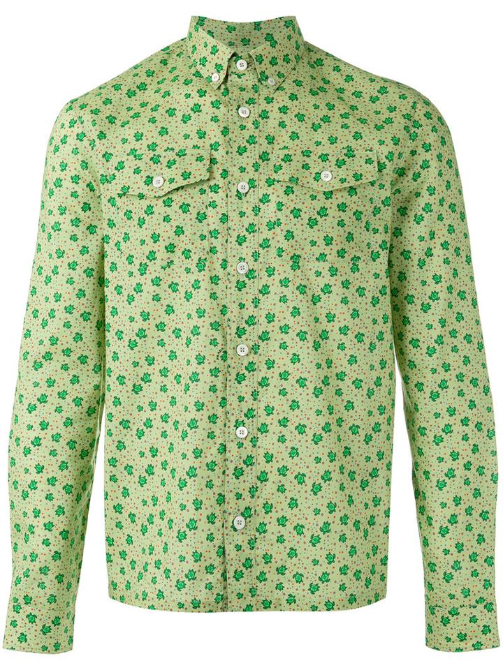 Prada Turtle Print Button-down Shirt, Men's, Size: 41, Green, Cotton