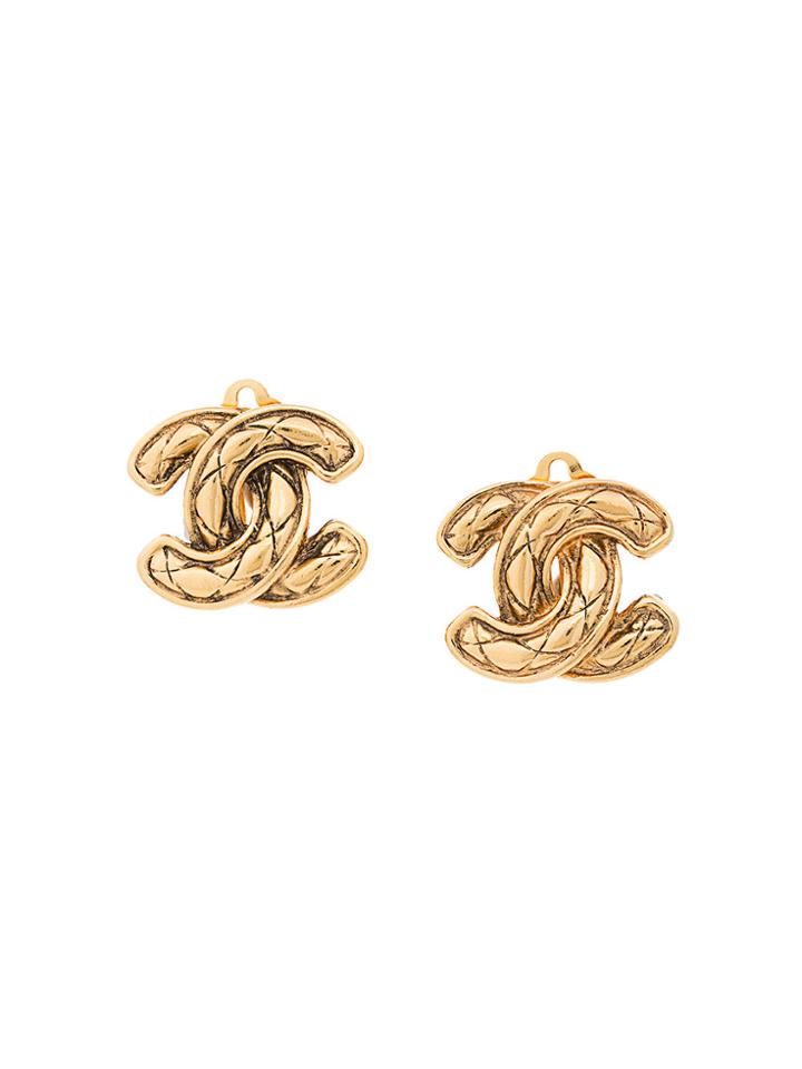 Chanel Vintage Matelasse Stitch Cc Earrings - Metallic