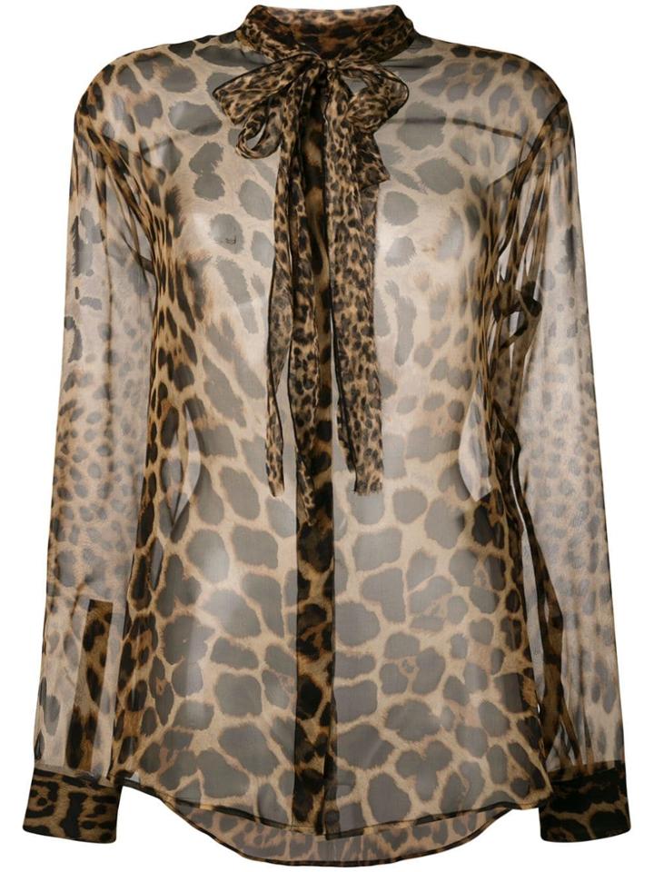 Saint Laurent Leopard Print Pussy Bow Shirt - Brown