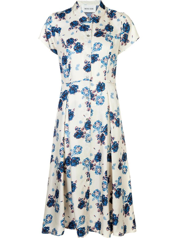 Michel Klein Floral Print Buttoned Dress, Size: 42, White, Silk