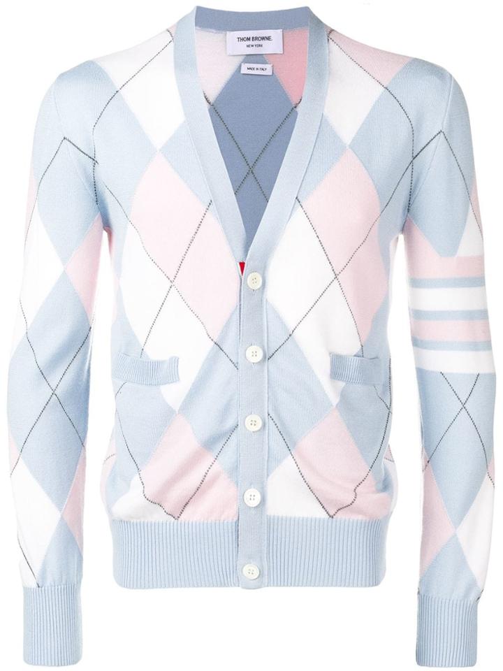 Thom Browne 4-bar Argyle Merino V-neck Cardigan - Blue