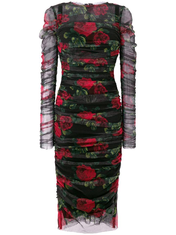 Dolce & Gabbana Rose Print Ruched Dress - Multicolour
