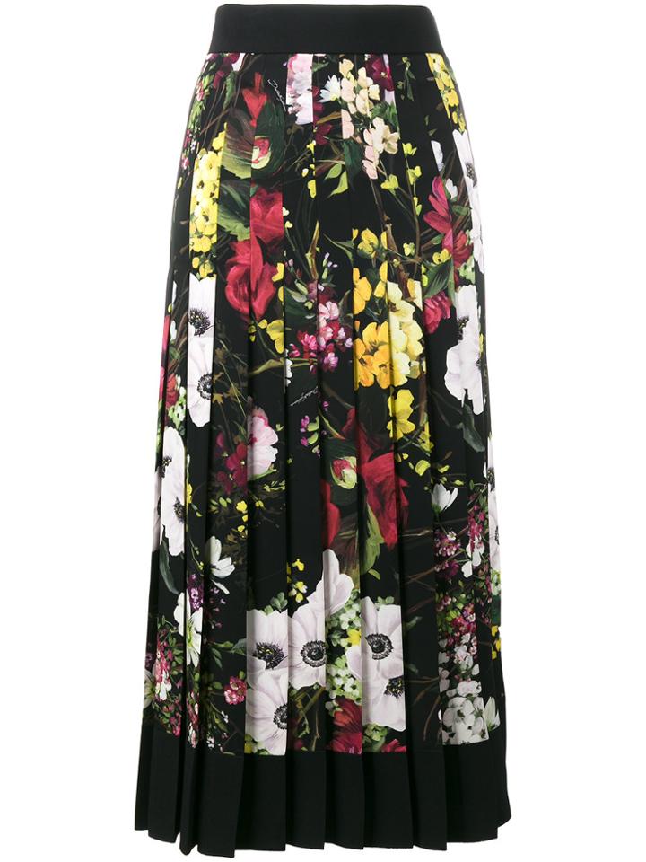 Dolce & Gabbana High Waist Floral Print Pleated Skirt - Black