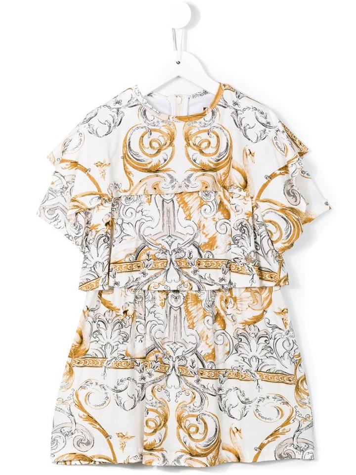 Roberto Cavalli Kids Baroque Print Tiered Dress, Girl's, Size: 8 Yrs, White