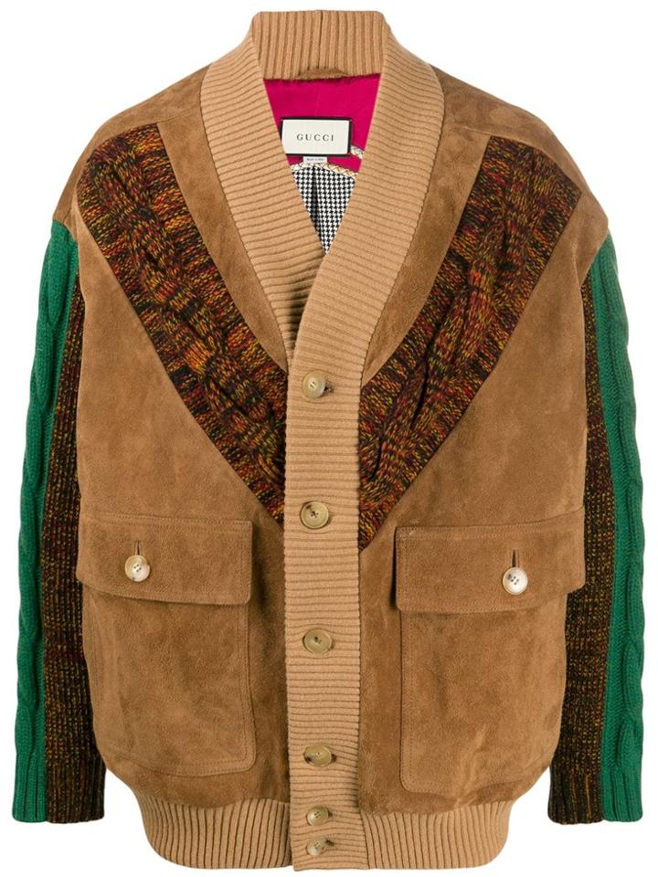 Gucci Cable-knit Suede Bomber Jacket - Brown