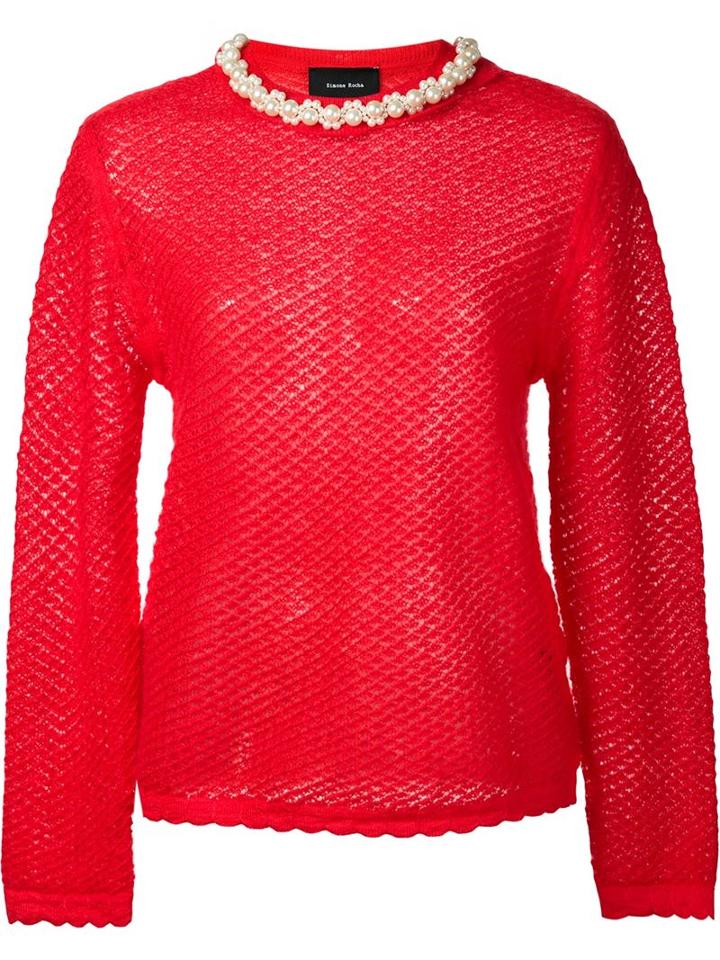 Simone Rocha Pearl Embellished Collar Sweater, Women's, Size: Small, Red, Polyamide/mohair/wool
