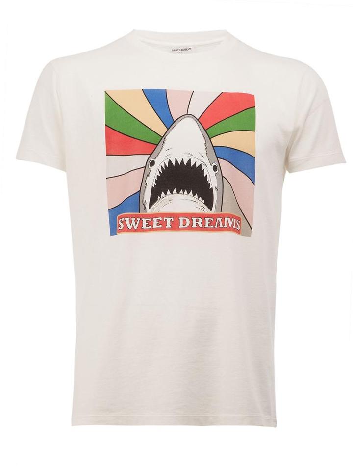 Saint Laurent 'sweet Dreams' Shark Print T-shirt, Men's, Size: Xl, White, Cotton