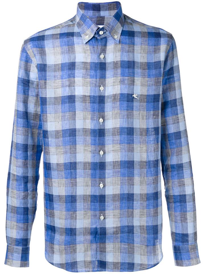 Etro Checked Button-down Shirt, Men's, Size: 40, Blue, Linen/flax