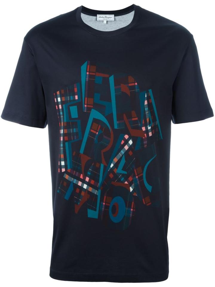 Salvatore Ferragamo Checked Logo Print T-shirt, Men's, Size: Xl, Blue, Cotton