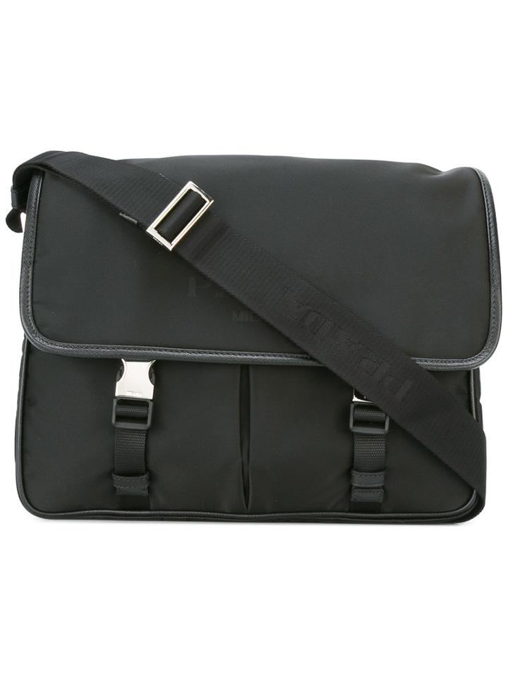Prada Logo Print Satchel, Men's, Black, Leather/polyamide