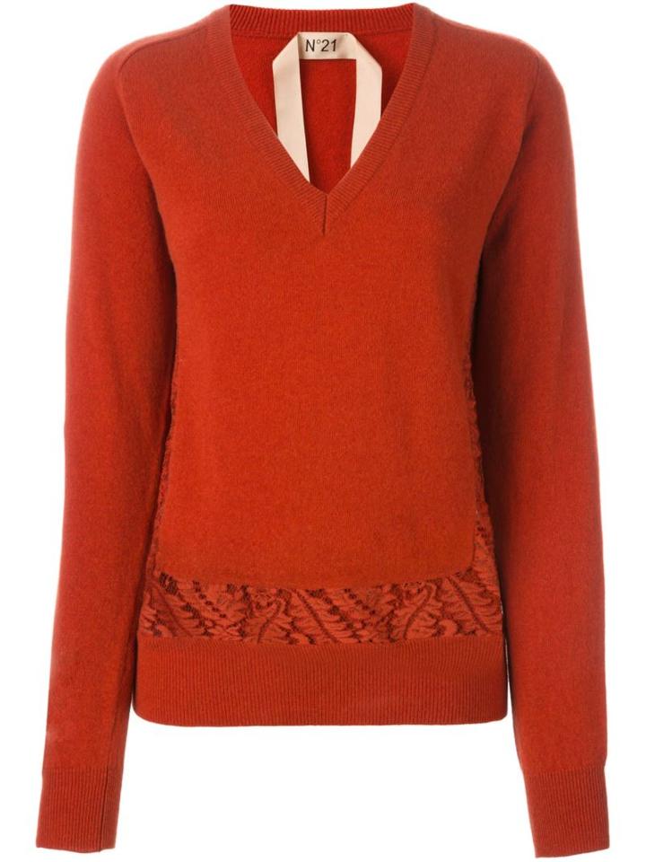 No21 Lace Insert V-neck Jumper, Women's, Size: 42, Yellow/orange, Cotton/polyamide/viscose/wool