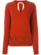 No21 Lace Insert V-neck Jumper, Women's, Size: 42, Yellow/orange, Cotton/polyamide/viscose/wool