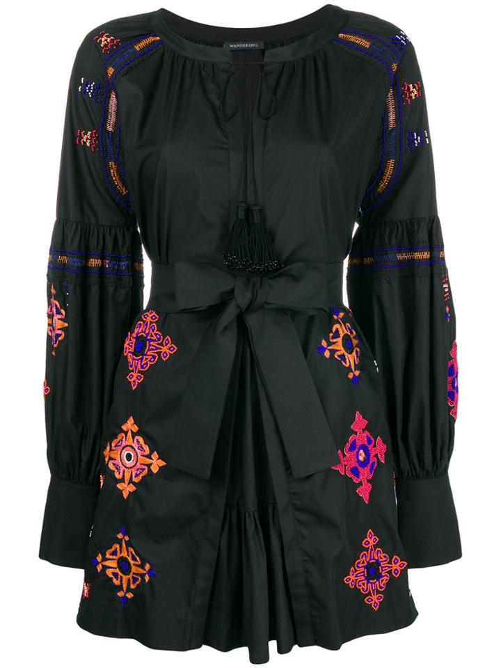Wandering Embroidered Folk Dress - Black