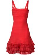 Hervé Léger Layered Ruffles Fitted Dress, Women's, Size: Medium, Red, Nylon/spandex/elastane/rayon