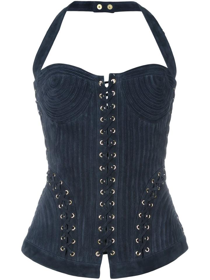 Balmain Lace-up Bustier Top, Women's, Size: 38, Blue, Cotton/lamb Skin/viscose