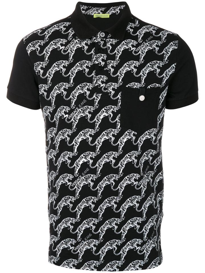 Versace Jeans Tiger Print Contrast Pocket Polo Shirt - Black