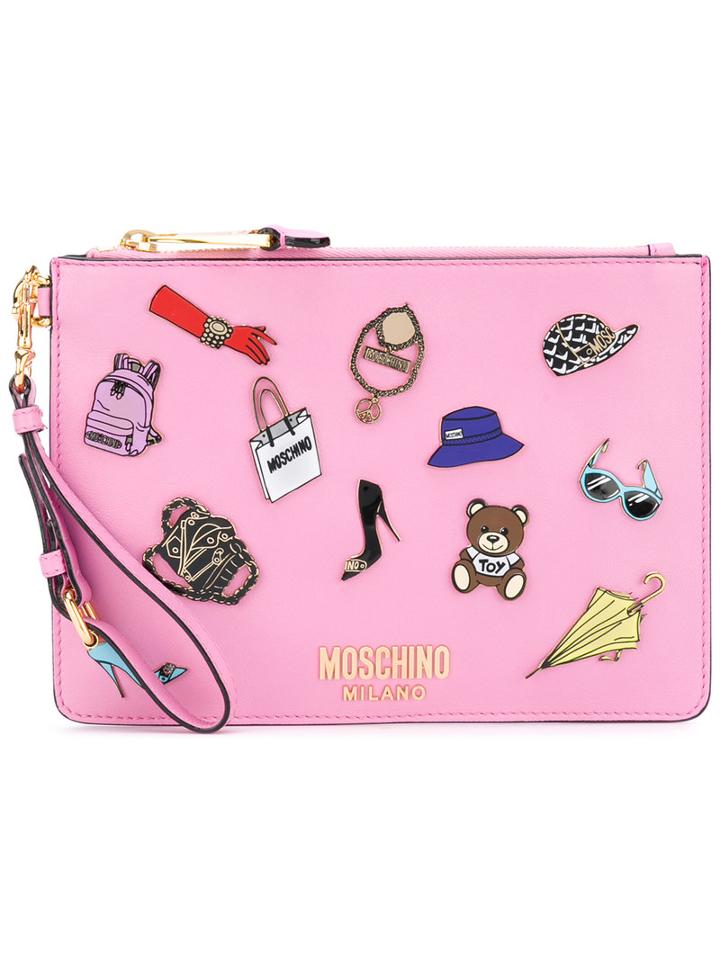 Moschino - Accessory Plaque Zip Clutch - Women - Lamb Skin - One Size, Pink/purple, Lamb Skin