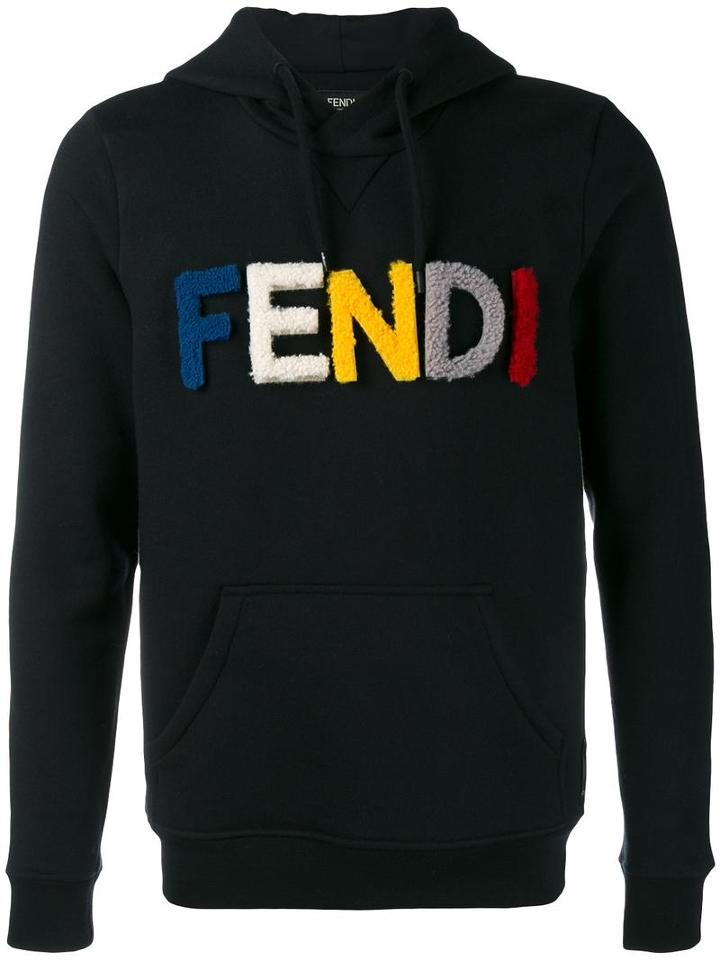 Fendi Logo Hoodie, Men's, Size: 48, Black, Wool/lamb Fur/cotton
