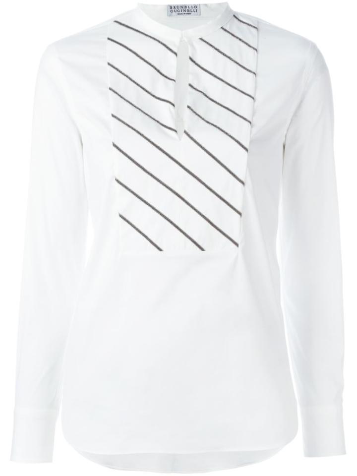 Brunello Cucinelli Striped Bib Blouse, Women's, Size: Xl, White, Cotton/polyimide/spandex/elastane/brass