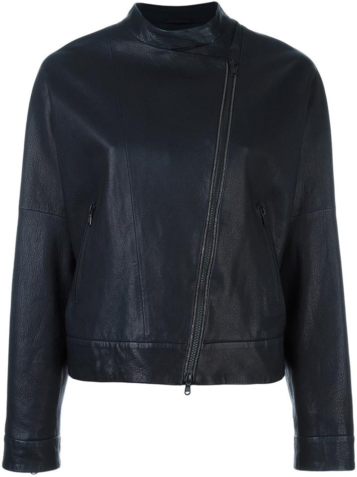 Brunello Cucinelli Collarless Asymmetric Zip Jacket, Women's, Size: 42, Black, Silk/leather/acetate/brass