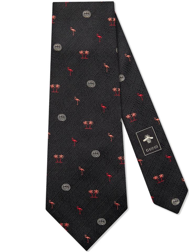 Gucci Flamingos Wide Silk Tie - Black