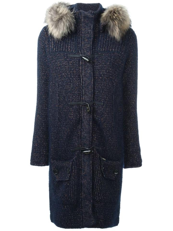 Bark Raccoon Fur Trimmed Chunky Knit Cardi-coat, Women's, Size: Small, Blue, Polyamide/polyester/mohair