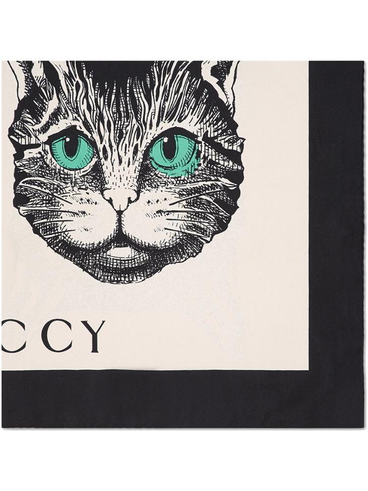 Gucci Mystic Cat Print Silk Scarf - White
