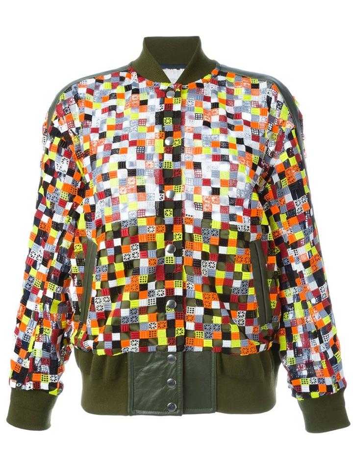 Sacai Checked Bomber Jacket, Women's, Size: 1, Green, Polyester/calf Leather