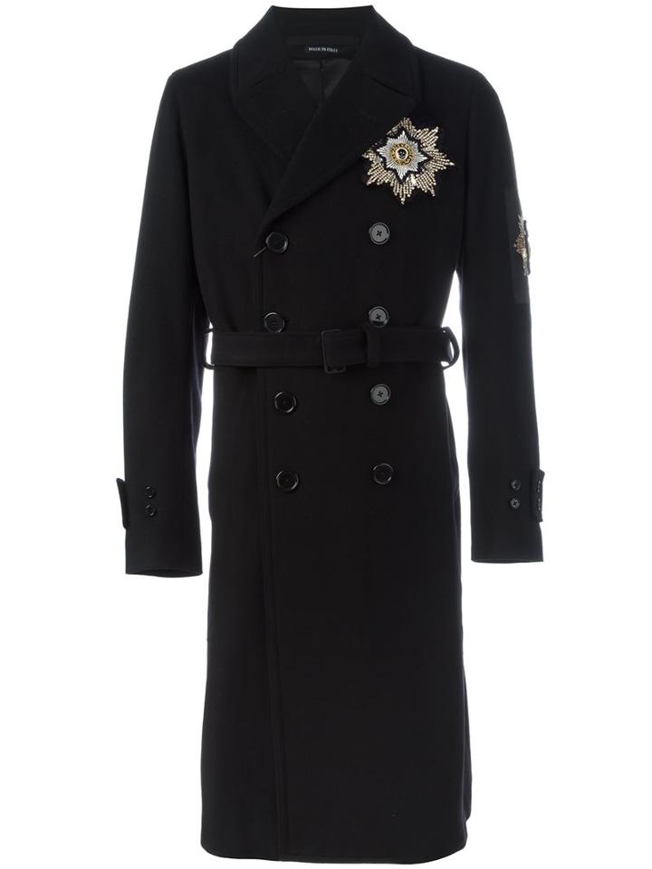Alexander Mcqueen Military Badge Double Breasted Coat, Men's, Size: 50, Black, Cotton/viscose/cashmere/glass
