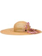 Maison Michel Checked Detail Distressed Straw Hat