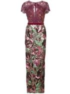 Marchesa Notte Sequined Lace Column Gown - Pink