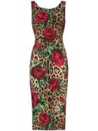 Dolce & Gabbana Leopard Rose Print Bodycon Midi Dress - Brown