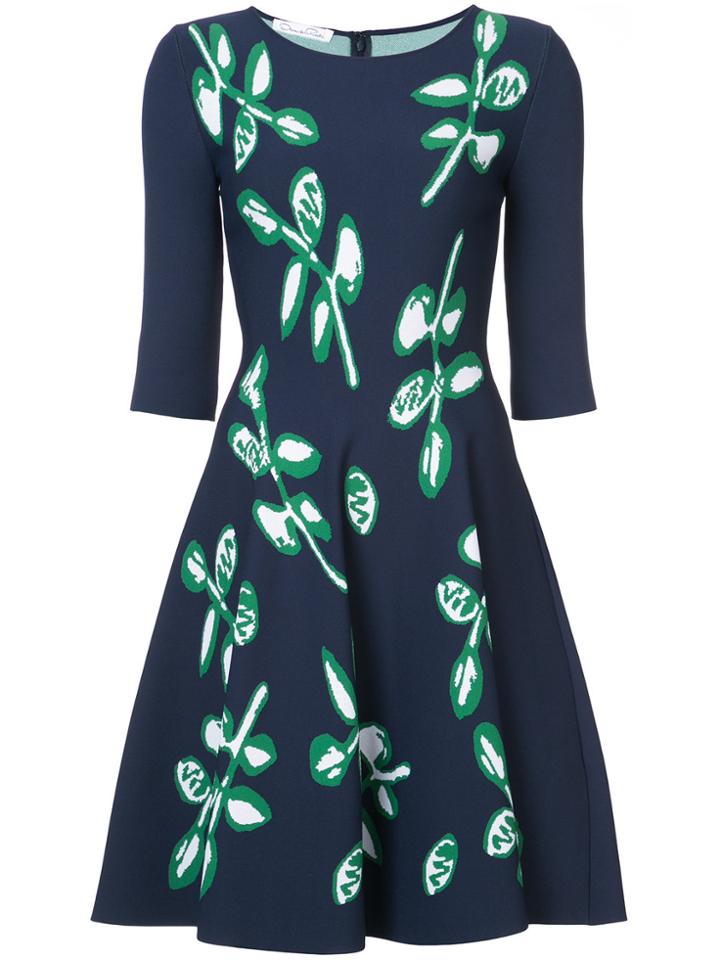 Oscar De La Renta Foliage Print Flared Dress - Blue