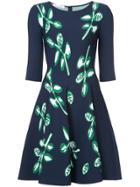 Oscar De La Renta Foliage Print Flared Dress - Blue